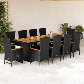 vidaXL 11 pcs conjunto de jantar p/ jardim c/ almofadões vime PE preto