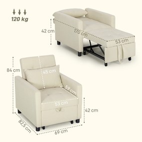 Sofá Cama Individual Poltrona com 4 Rodas Encosto Reclinável Almofada Extra e Assento Acolchoado 69x82,5x84 cm Bege