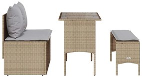 3 pcs conjunto de jantar p/ jardim com almofadões vime PE bege
