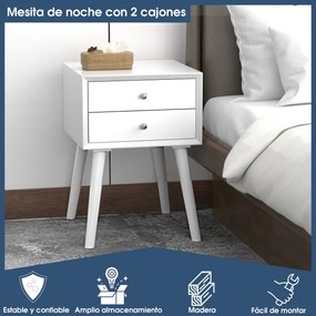 Mesa de cabeceira com 2 gavetas Mesa de cabeceira multiusos em madeira para quarto de dormir Sala de estar 40 x 40 x 59 cm Branco