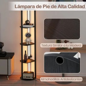 Candeeiro de pé com prateleiras de 4 níveis com tiras LED orientáveis, 3 temperaturas de cor, para sala de estar ou escritório, 35 x 30 x 163 cm, pret