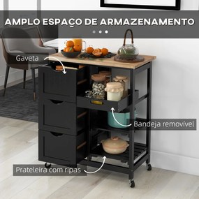 Carrinho de Cozinha com Rodas com 3 Gavetas 2 Prateleiras Abertas e Bandeja 67x37x85,5 cm Preto