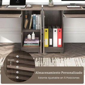 Secretária em forma de L com 2 gavetas, estante ajustável e bandeja para teclado Secretária executiva de canto Cinzento