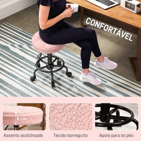 Banco Giratório Cosmetica Redondo Banco com Rodas Altura Regulável 50-66 cm Assento Estofado em Tecido tipo Borreguito Rosa