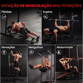 Estação de Musculação Dobrável com Barra de Elevações, Altura Ajustável e Banco Reclinável, Preto e Vermelho