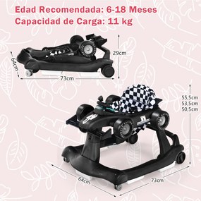 Andador 4 em 1 para crianças, dobrável, atividade de empurrar, com altura ajustável e carrilhão de velocidade com luzes, volante Preto