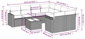 9 pcs conjunto sofás p/ jardim c/ almofadões vime PE castanho