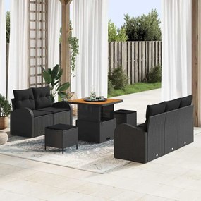 Conjunto de Sofás de Jardim vidaXL 8 Peças com Almofadas Preto Rattan Poliéster Acácia