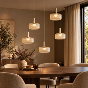 Candeeiro Suspenso de Design Ouro Rosa com Vidro Âmbar incl. LED Regulável em 3 Passos 5 Luzes Easylift - Fiera
