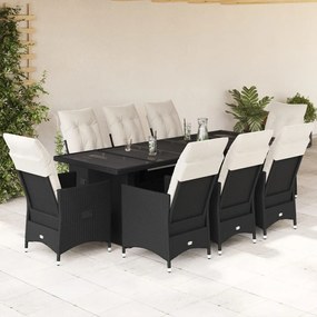 vidaXL 9 pcs conjunto de bistrô p/ jardim c/ almofadões vime PE preto