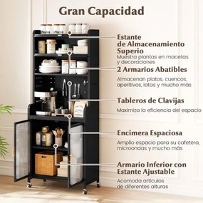 Armário de cozinha de 6 níveis com rodas 79 x 37 x 192 cm, pés fixos, portas transparentes e prateleira ajustável Preto