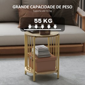 Mesa Lateral Redonda de 2 Níveis com Prateleira de Armazenamento e Estrutura de Aço para Sala e Quarto Ø41x49 cm Madeira