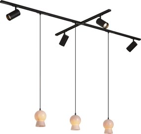 Sistema de calhas moderno preto com 4 focos e 3 candeeiros pendentes brancos monofásico - Iconic Bell Jeana Luxe