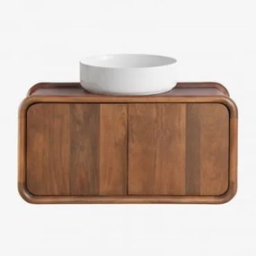 Conjunto De Móvel De Casa De Banho Suspenso 90x45 Cm Em Madeira De Manga Maupaul Cerâmica Redonda Branca Ø40 Cm Lenka & Sem Torneira & Madeira De Cabo