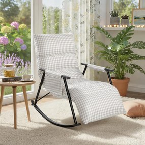 Poltrona Baloiço com Encosto e Apoia-Pés Ajustáveis 105° Estofada em Linho com Bolso Lateral Cinzento e Branco