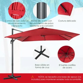 Guarda-sol 300 cm para jardim com manivela, 3 inclinações, rotação de 360°, 8 varas, base cruzada Vermelho