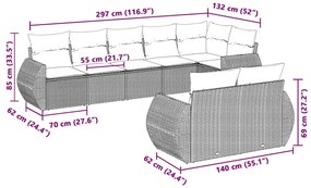 8 pcs conj. sofás jardim c/ almofadões vime PE cinzento-claro