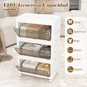 Caixas de arrumação de plástico 126L empilháveis de 3 níveis Dobráveis com tampa com Rodas Branco