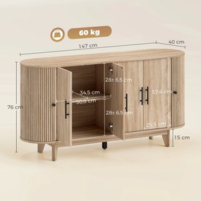 Aparador de sala, móvel de arrumação oval com 4 portas e 2 prateleiras ajustáveis, 147 x 40 x 76 cm, carvalho