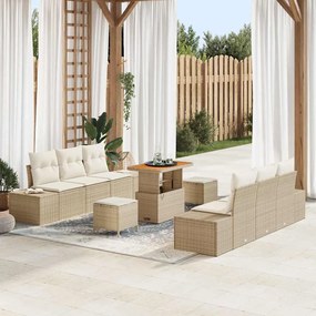 vidaXL Conjunto de Sofás de Jardim de 9 Peças com Almofadas Bege Rattan Poliéster Acácia