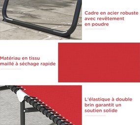 Espreguiçadeira dobrável com encosto reclinável em várias posições, em aço e termoplástico, com tiras elásticas, em textilene preto e vermelhoEspregui