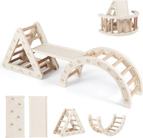 Conjunto de triângulo para crianças de escalada Montessori 5 em 1 com trepa-trepa em forma de triângulo Arco e escada dupla Bege + Castanho