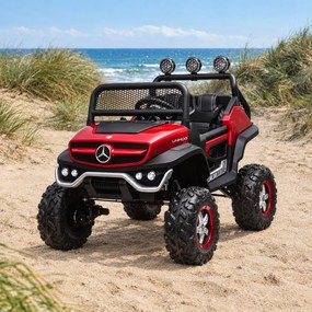 Jipe elétrico para crianças Mercedes-Benz Unimog bateria 12v, 4x4 2 Lugares pneus em borracha, assento em pele artificial Vermelho