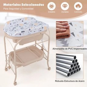 Trocador de fraldas para bebés com banheira portátil Almofada dobrável em PVC Bandeja de arrumação com 4 rodas universais Bege