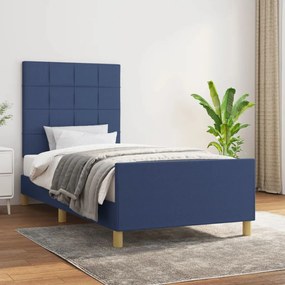 Estrutura de cama c/ cabeceira tecido azul 90x190 cm