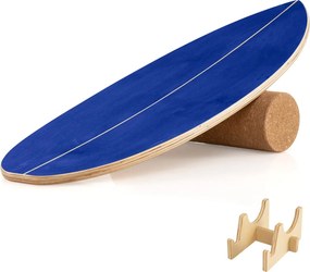 Prancha de equilíbrio para adultos em madeira com rolo de cortiça e estante de arrumação para treino do tronco e surf oscilante azul-marinho