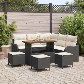 Conjunto de Sofá de Jardim vidaXL de 9 Peças com Almofadas Poliratan Preto Acácia
