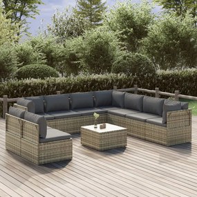 vidaXL 10 pcs conjunto lounge de jardim c/ almofadões vime PE cinzento