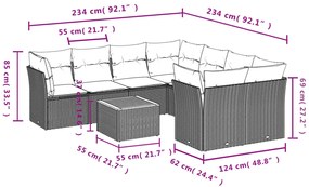 9 pcs conj. sofás jardim c/ almofadões vime PE bege misturado