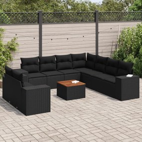 10 pcs conjunto sofás de jardim c/ almofadões vime PE preto