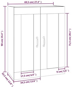 Armário de parede suspenso 69,5x32,5x90 cm branco brilhante
