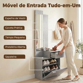 Móvel de Entrada com Espelho Sapateira Basculante Assento Gaveta e Compartimento Aberto 61x30x170 cm Cinza