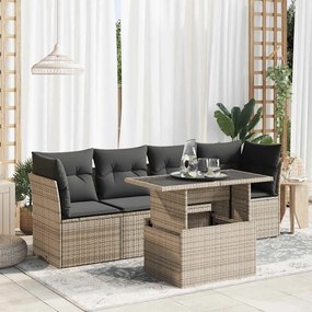 5 pcs conjunto sofás de jardim c/ almofadões vime PE cinzento