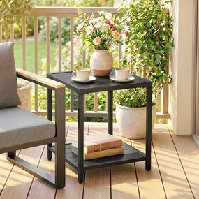 Mesa de centro de exterior de 2 níveis em metal 45 x 45 x 54 cm, mesa de jardim quadrada com prateleira de arrumação, preta