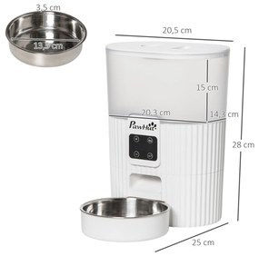PawHut Comedouro Automático para Cães e Gatos 3,5L com Ecrã LED Temporizador Gravador de Voz Programável 4 Refeições ao Dia Tigela Removível e Lavável 20,5x25x28cm Branco