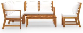 5 pcs conj. lounge jardim c/ almofadões cor creme acácia maciça
