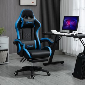 Cadeira Gaming Cadeira Gamer de Pele PU Reclinável 135° Apoio para a Cabeça e Apoio para os Pés 65x65x121-129 cm Preto e Azul