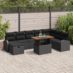 Conjunto de Sofá de Jardim de 9 Peças com Almofadas Preto Rattan Polié