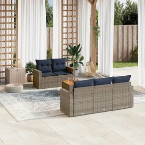 6 pcs conjunto sofás p/ jardim c/ almofadões vime PE cinzento