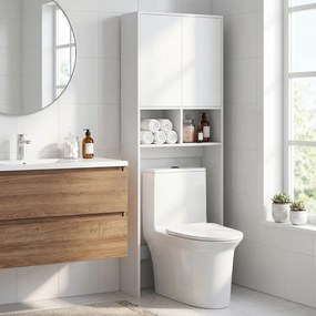 Armário para sanita com portas 60 x 23 x 166 cm, 2 compartimentos abertos e estante ajustável, economizador de espaço para a lavandaria, branco