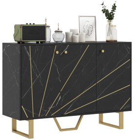 Aparador de Sala de Estar com 2 Armários e Prateleira Interior Ajustável com Efeito Mármore 107x35x75 cm Preto e Dourado