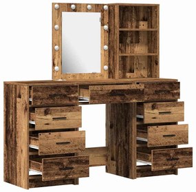 Conjunto de Mesa de Maquiagem de 3 Peças com LED em Acabamento Madeira