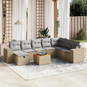 9 pcs conj. sofás jardim c/ almofadões vime PE bege misturado