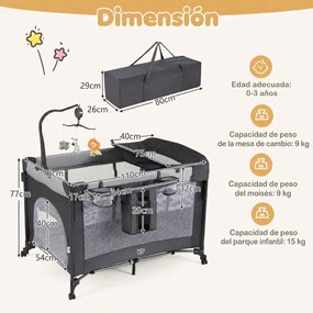 Berço de Viagem Dobrável 5 em 1, 110 x 76 x 77 cm, Altura Regulável em 4 Níveis, Preto