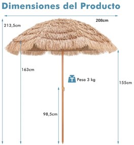 Guarda-sol Tiki jardim com telhado de colmo 208 cm Design basculante 8 varas Proteção solar para o exterior Leve Praia Piscina