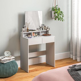 Toucador com espelho, mesa de maquilhagem com 2 gavetas e 3 compartimentos, estilo moderno, 75 x 38 x 135 cm, branco